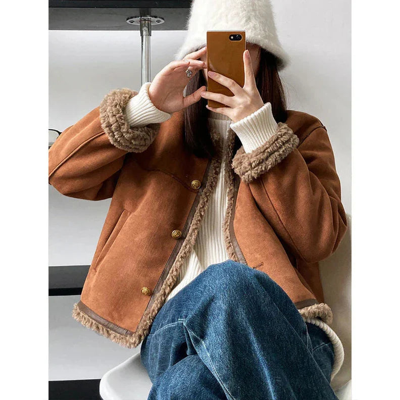 Johana - Retro semišová bunda s knoflíkovým zapínaním