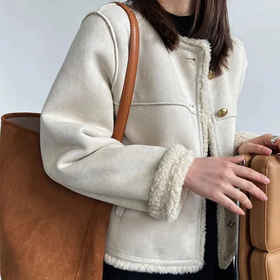 Johana - Retro semišová bunda s knoflíkovým zapínaním