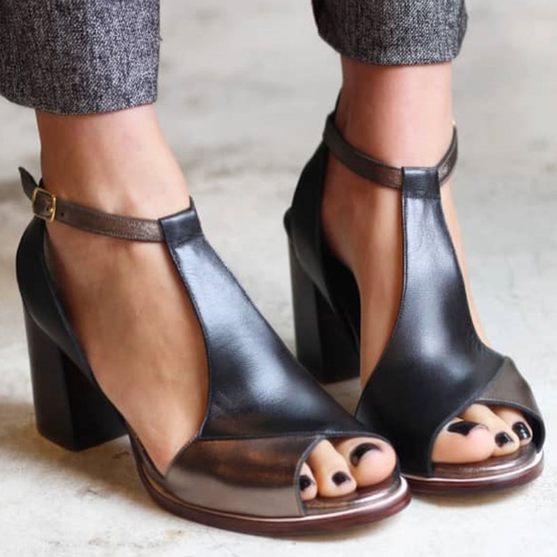Nadaria | Čierne peep toe sandále s patchworkovým podpätkom
