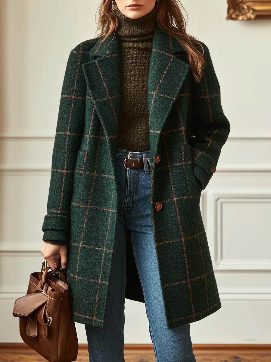 Élodie - Zelený Retro Kockovaný Tweed Kabát